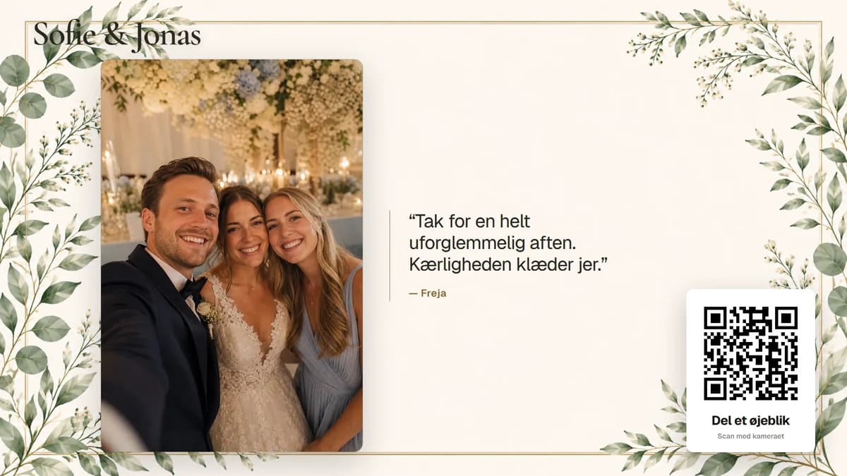 Nightflow bryllupsfotovæg med gæstebillede, hilsen og QR-kode på TV