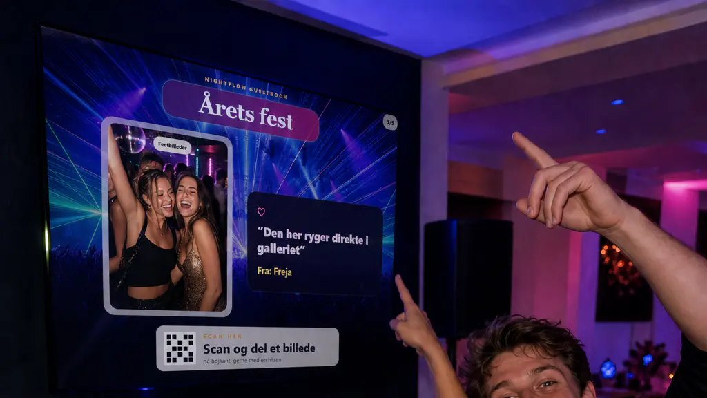 Nightflow live billedvæg med QR-kode og gæstebilleder på en TV-skærm