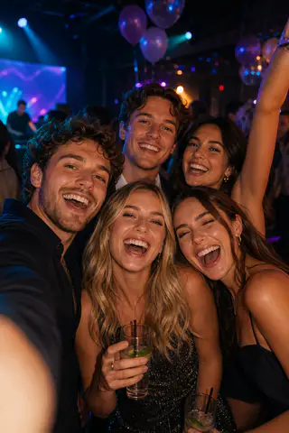 Syntetisk gruppeselfie med fem festgæster i Nightflow-demoen