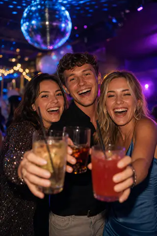 Syntetisk festbillede med tre gæster og farverige drinks i Nightflow-demoen