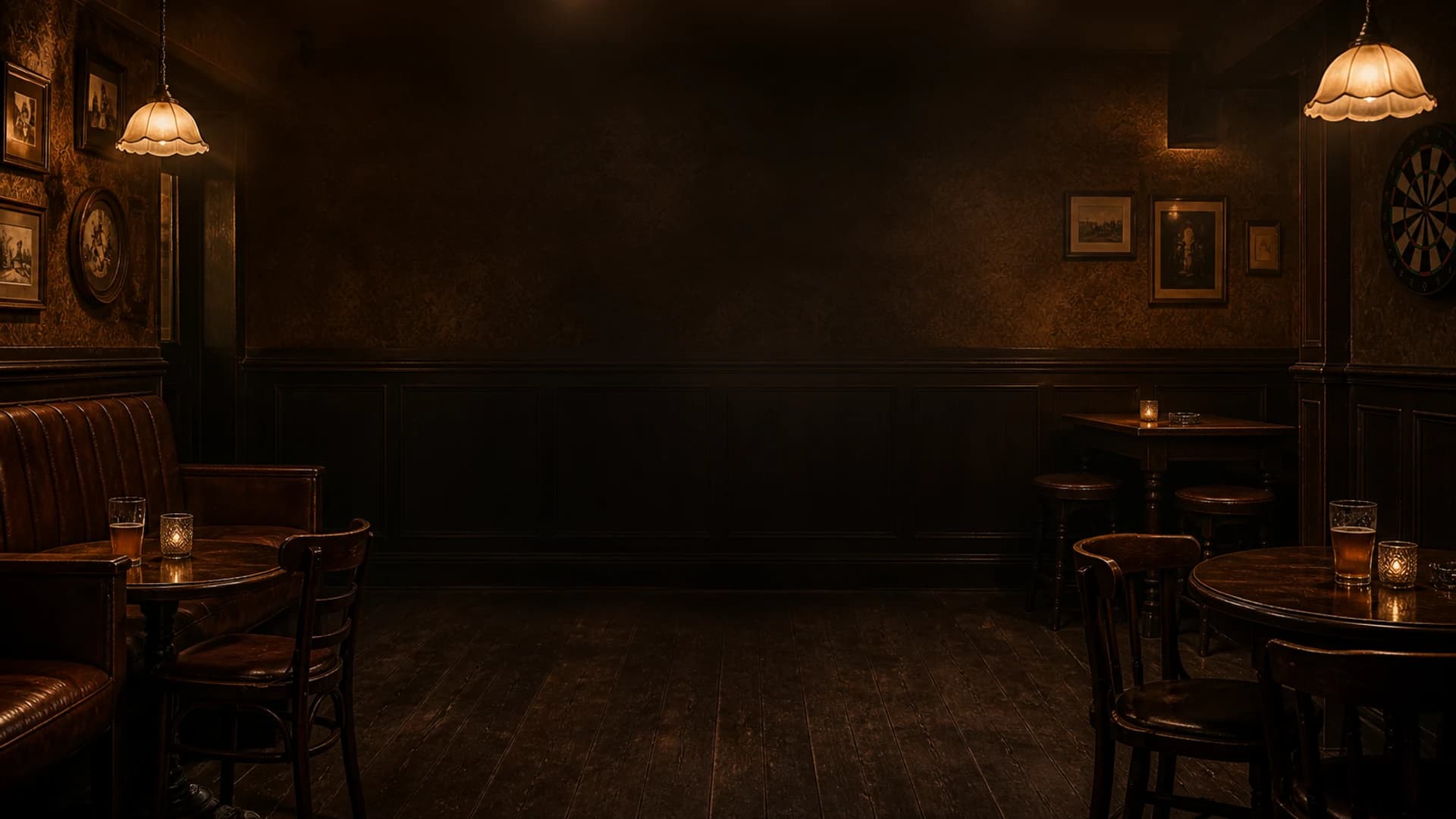 AI-genereret TV-baggrund med klassisk brunt værtshus-tema